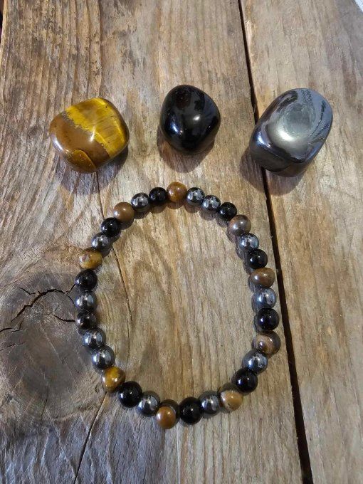 Bracelet triple protection – Oeil de Tigre, Hématite, Obsidienne Noire Naturelles