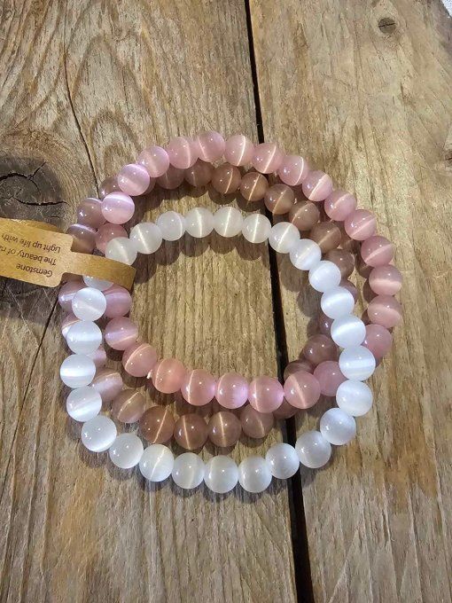 Bracelet en Pierre Oeil de Chat Rose Naturel